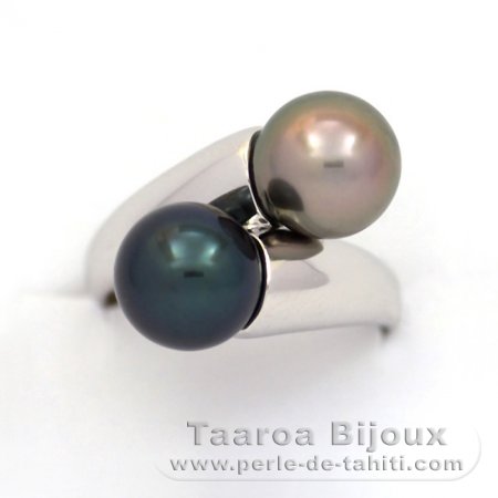 Anello in Argento e 2 Perle di Tahiti Rotonde C 9 e 9.1 mm