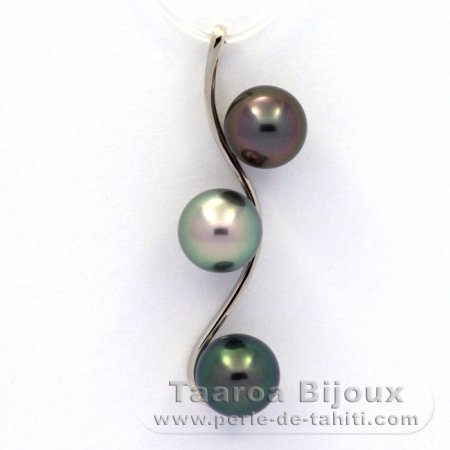 Ciondolo in Argento e 3 Perle di Tahiti Rotonde C di 8.8 a 8.9 mm