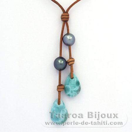 Collana in Cuoio, 2 Perle di Tahiti e 2 Larimar