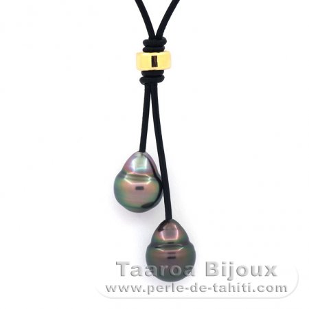 Collana in Cuoio e 2 Perle di Tahiti Cerchiate B 11.5 mm