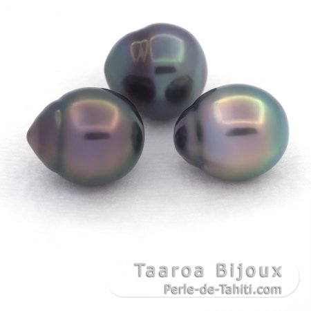 Lotto di 3 Perle di Tahiti Semi-Barocche B/C di 10.5 a 10.9 mm