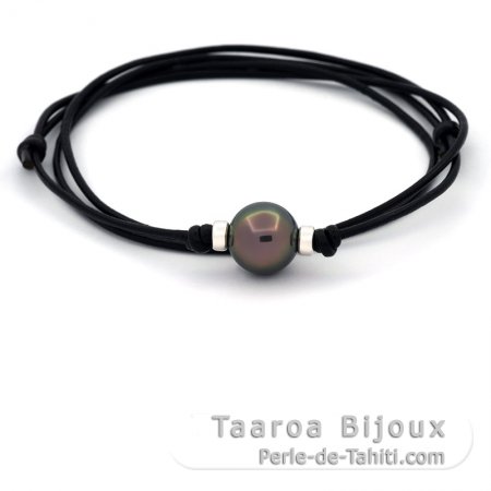 Collana in Cuoio e 1 Perla di Tahiti Rotonda C 12.1 mm