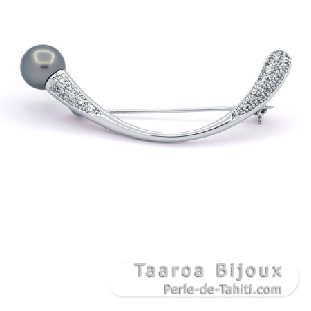 Spilla in Argento e 1 Perla di Tahiti Rotonda B/C 10.5 mm