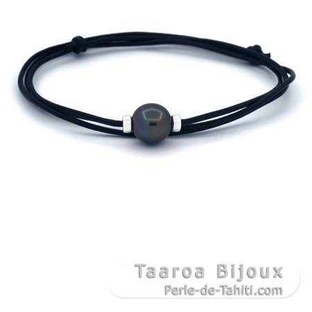 Collana in Cuoio e 1 Perla di Tahiti Semi-Rotonda C 11.5 mm