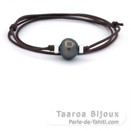 Collana in Cotone e 1 Perla di Tahiti Cerchiata C/D 14.7 mm