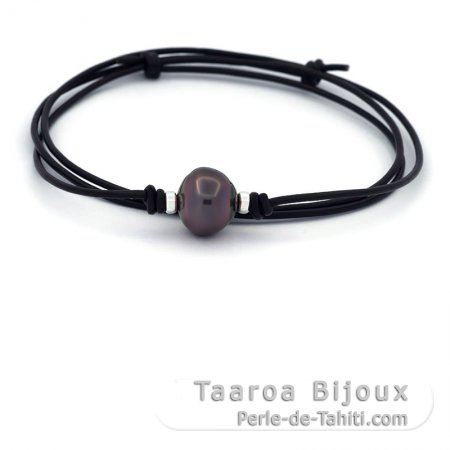 Collana in Cuoio e 1 Perla di Tahiti Cerchiata C/D 12.7 mm