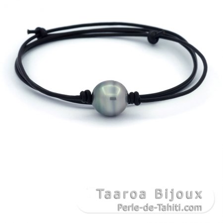 Collana in Cuoio e 1 Perla di Tahiti Cerchiata C 13.5 mm