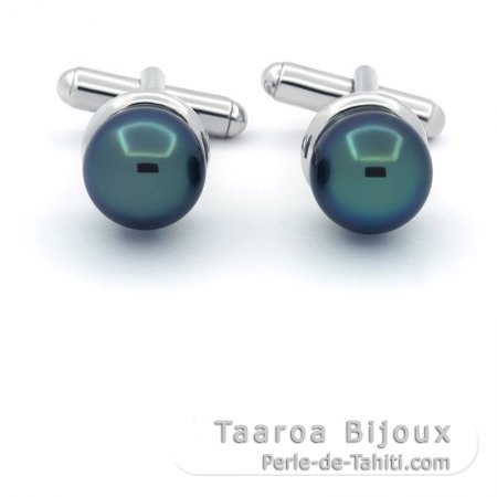 Gemelli in Argento e 2 Perle di Tahiti Rotonde C 11.2 mm