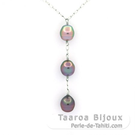 Collana in Argento e 3 Perle di Tahiti Semi-Barocche B da 9 a 9.2 mm