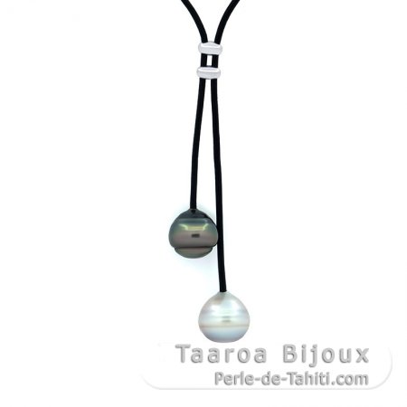 Collana in Cuoio e 2 Perle di Tahiti Cerchiate C 13.2 e 13.9 mm