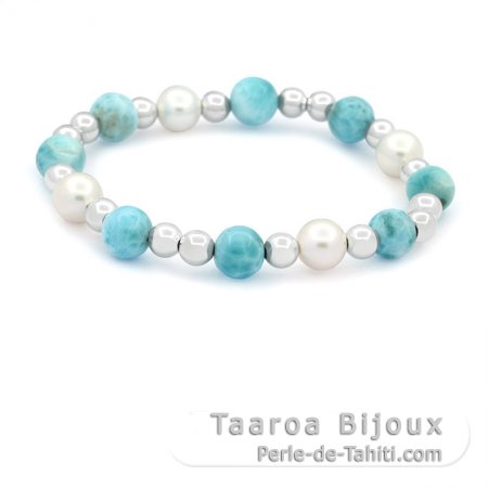 Braccialetto di 8 perle di Larimar - 8.5 a 9.3 mm - 17.5 cm