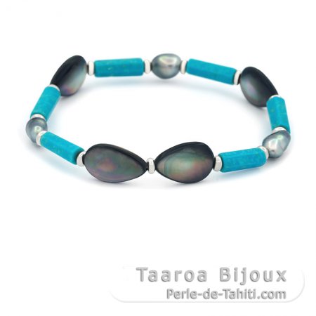 Bracciale con 3 Keshi di Tahiti, Argento, Turchese e Madreperla