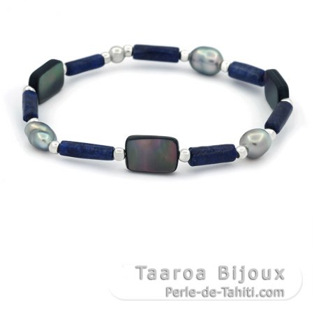 Bracciale con 3 Keshi di Tahiti, Argento, Lapislazzuli e Madreperla