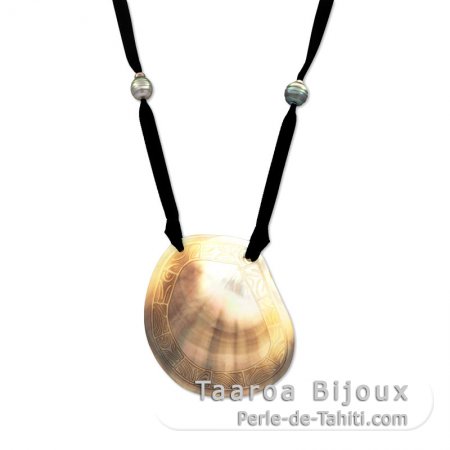 Collana in Raso, Madreperla e 6 Perle di Tahiti Semi-Barocche C/D di 9.1 a 10 mm