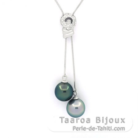 Collana in Argento e 2 Perle di Tahiti Semi-Barocche 1 A e 1 B 10.3 mm