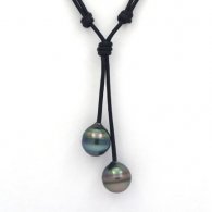 Collana in Cuoio e 2 Perle di Tahiti Cerchiate C 12.1 e 12.3 mm