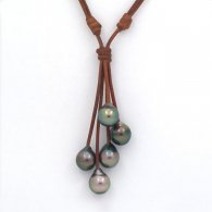 Collana in Cuoio e 5 Perle di Tahiti Semi-Barocche C di 10 a 10.3 mm