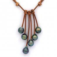 Collana in Cuoio e 6 Perle di Tahiti Cerchiate C+ di 9 a 9.2 mm
