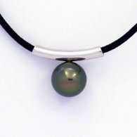 Ciondolo in Argento e 1 Perla di Tahiti Rotonda C 9.7 mm con una collana di cotone nero