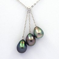 Collana in Argento e 3 Perle di Tahiti Cerchiate B di 8.5 a 8.7 mm