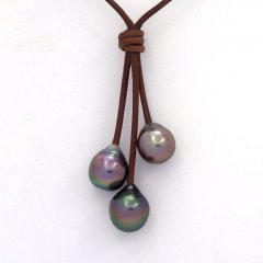 Collana in Cuoio e 3 Perle di Tahiti Semi-Barocche B  9.7 a 10.2 mm