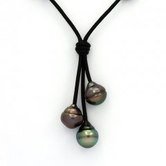 Collana in Cuoio e 3 Perle di Tahiti Cerchiate B 10.1 a 10.3 mm