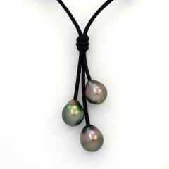 Collana in Cuoio e 3 Perle di Tahiti Semi-Barocche B  9 a 9.3 mm