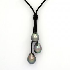 Collana in Cuoio e 3 Perle di Tahiti Semi-Barocche B  9.6 a 9.9 mm