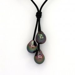 Collana in Cuoio e 3 Perle di Tahiti Semi-Barocche B  9.7 a 9.9 mm