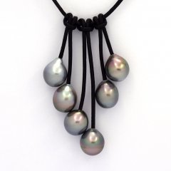 Collana in Cuoio e 6 Perle di Tahiti Semi-Barocche B  9.5 a 9.9 mm