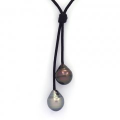 Collana in Cuoio e 2 Perle di Tahiti Cerchiate C 10.5 e 10.7 mm