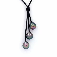 Collana in Cuoio e 4 Perle di Tahiti Cerchiate C 9.1 a 10.7 mm