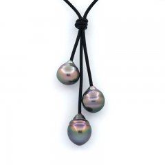 Collana in Cuoio e 3 Perle di Tahiti Cerchiate B/C 11 a 11.4 mm