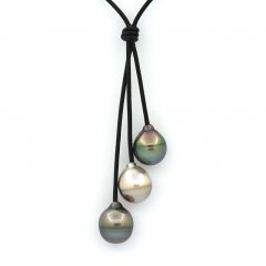 Collana in Cuoio e 3 Perle di Tahiti Cerchiate C da 11.5 a 11.9 mm