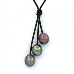 Collana in Cuoio e 3 Perle di Tahiti Semi-Barocche B/C di 10.1 a 10.3 mm