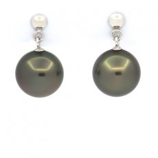 Orecchini in Oro bianco 14K e 2 Perle di Tahiti Rotonde A & B 9.2 mm