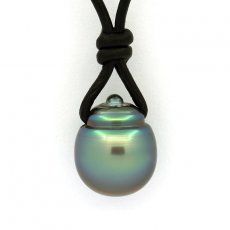 Collana in Cuoio e 1 Perla di Tahiti Cerchiata C 12.5 mm