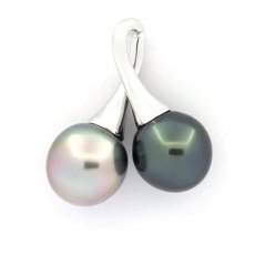 Ciondolo in Argento e 2 Perle di Tahiti Semi-Barocche 1 B & 1 C 12 mm
