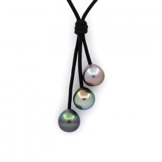 Collana in Cuoio e 3 Perle di Tahiti Semi-Barocche C da 9.8 a 9.9 mm