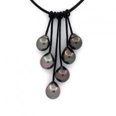 Collana in Cuoio e 6 Perle di Tahiti Semi-Barocche B/C da 8.6 a 9.4 mm